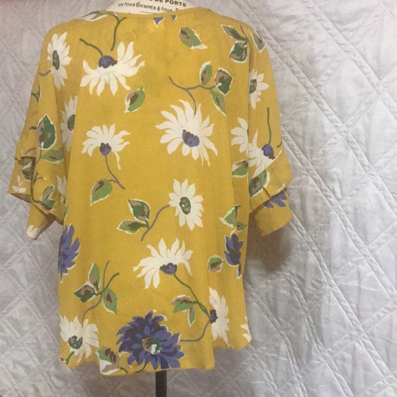 Jennie & Marlis Autumn Tie Blouse yellow with blue flowers size Large - Picture 5 of 14